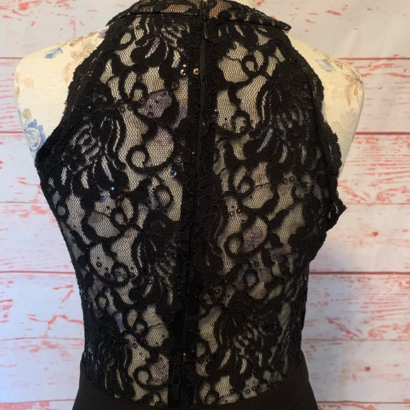 LIKE NEW! High Neck Illusion Plunging Lace Gown - Picture 6 of 11